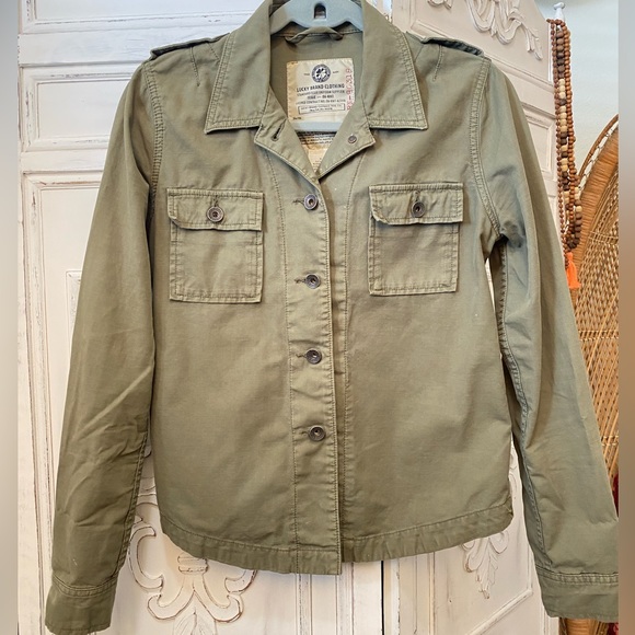 Lucky Brand 90s Y2K Embroidered Military Khaki Army Green Shirt Jacket Retro - Picture 8 of 15